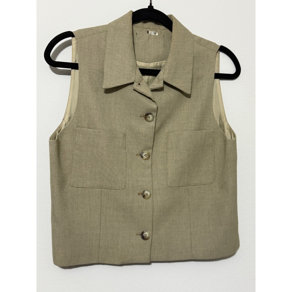 Vtg Tan Collared Button Up‎ cropped Vest Pockets Womens M preppy minimalist